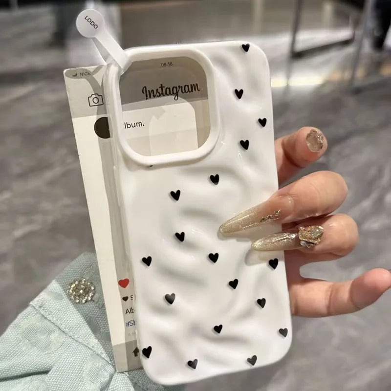 White Small Love Pattern Phone Case For iPhone 17 16 15 14 13 12 11 Pro Max 15 16 Plus Shockproof Soft Back Wave Texture Cover