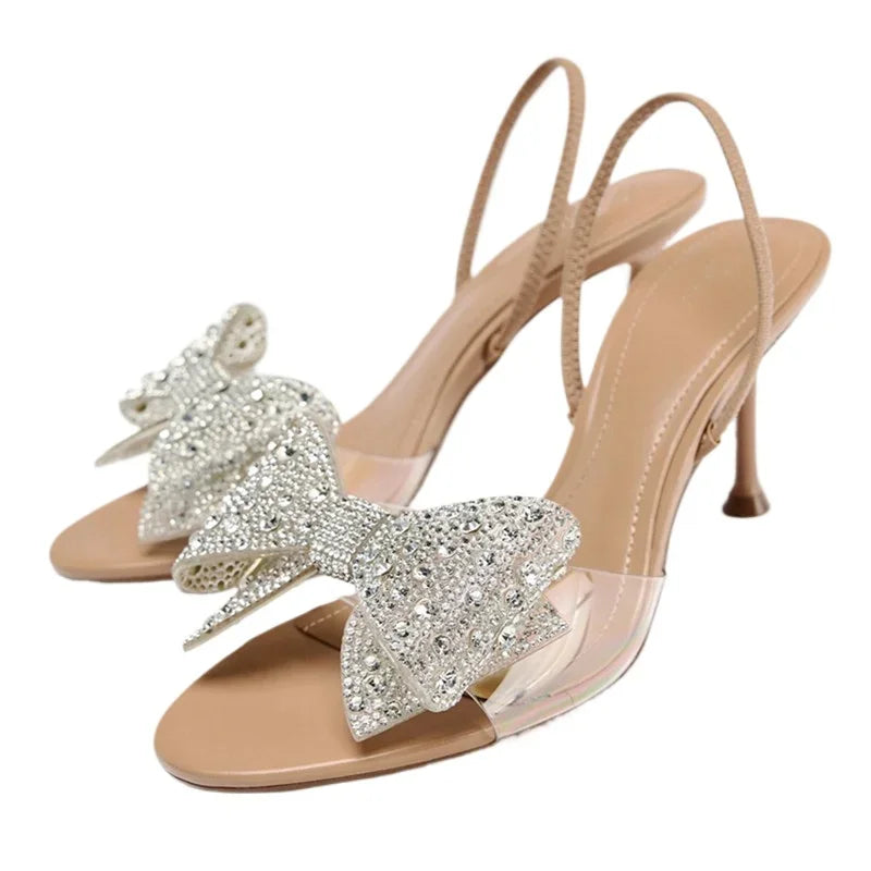 Luxury Glitter Rhinestone Bow Designer Heeled Sandals Women Summer Peep Toe Back Strap High Heels Elegant Party Wedding Shoes