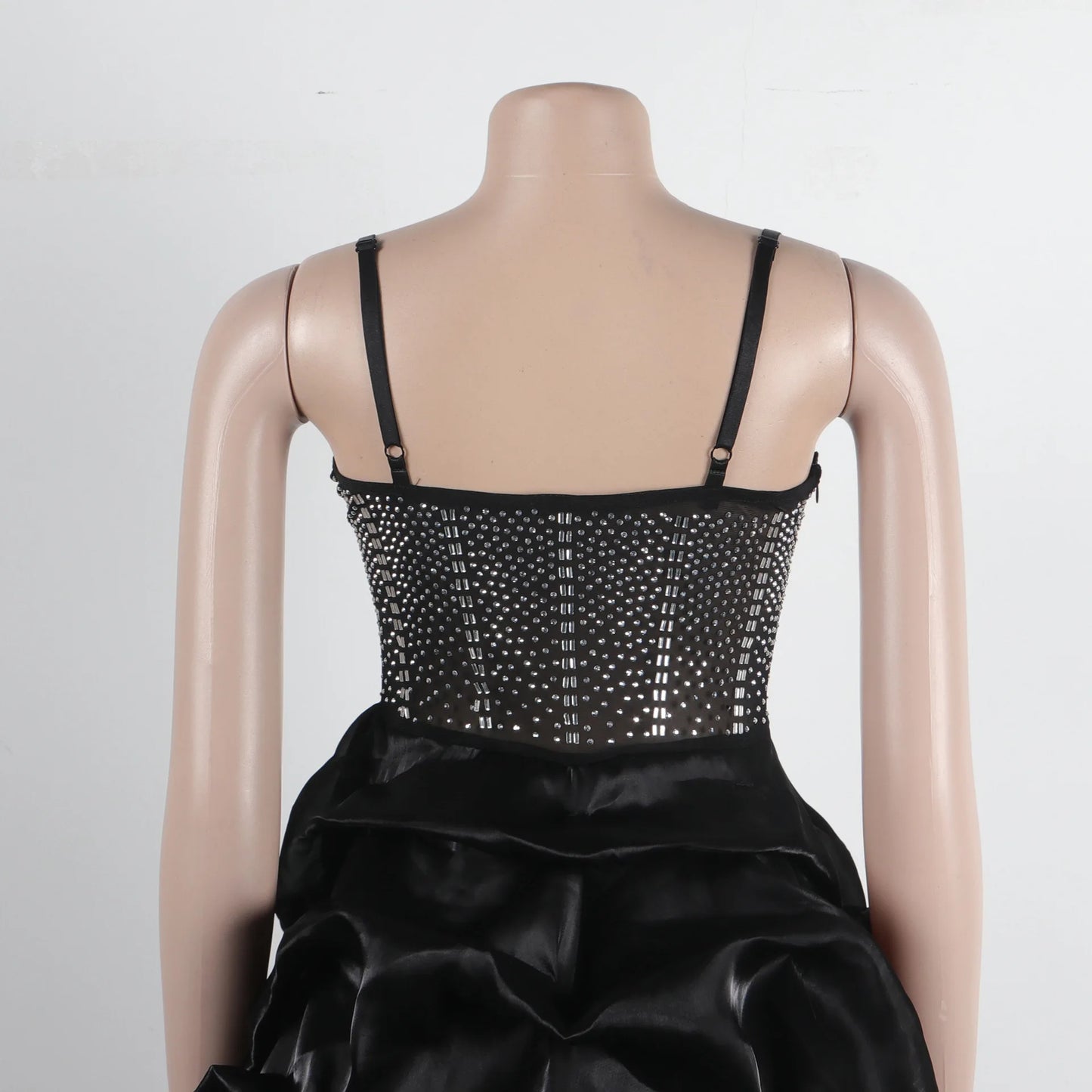 HBLL Sexy Rhinestone Bodycon Ruched Puff Suspenders Dresses Women Sheer Mesh Birthday Party Night Clubwear Summer Dresses Robes
