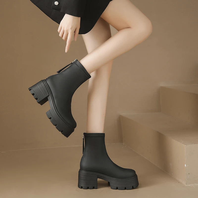 8CM Autumn Chunky Boots High Platform Leather Sneakers Women Round Toe Chelsea Boots British Style Thick Sole Female Ankle Shoes