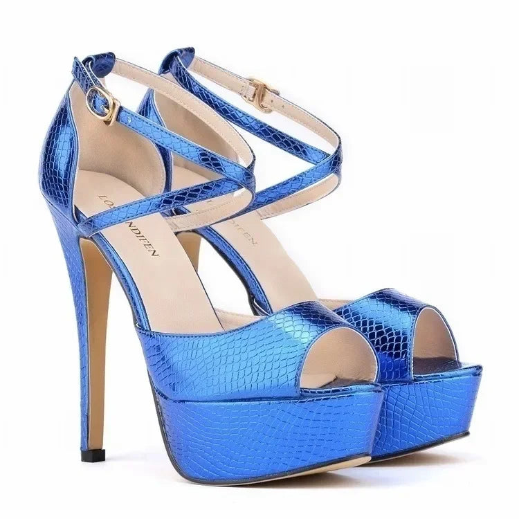 Women Sandals Stilettos Summer Sexy Peep Toe Leather Buckle Platform Pumps 14cm Extremely High Heels Party Dress Wedding Shoes