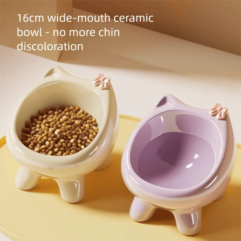 Ceramic Heightening Bowl Set | Cute Macaron Color Series，Slanted Spill-Proof，Cat Slow Feeder Bowl，InsEasy to Clean，Multi-Color O