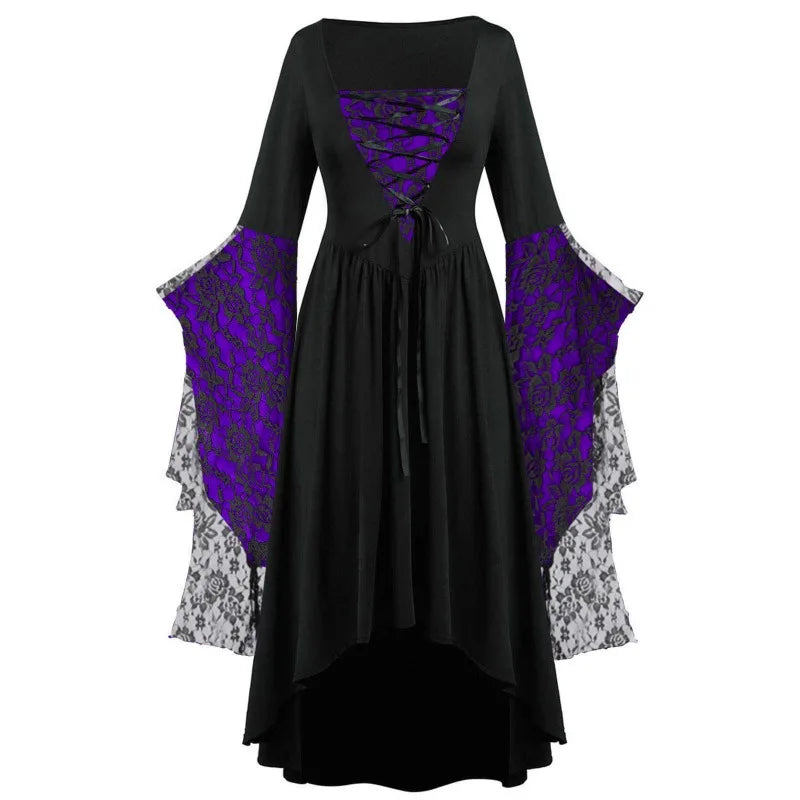 Vintage Halloween Cosplay Costume Witch Vampire Gothic Dress Ghost Dresses Up Party Printed Medieval Ghost Bride Female Clothes
