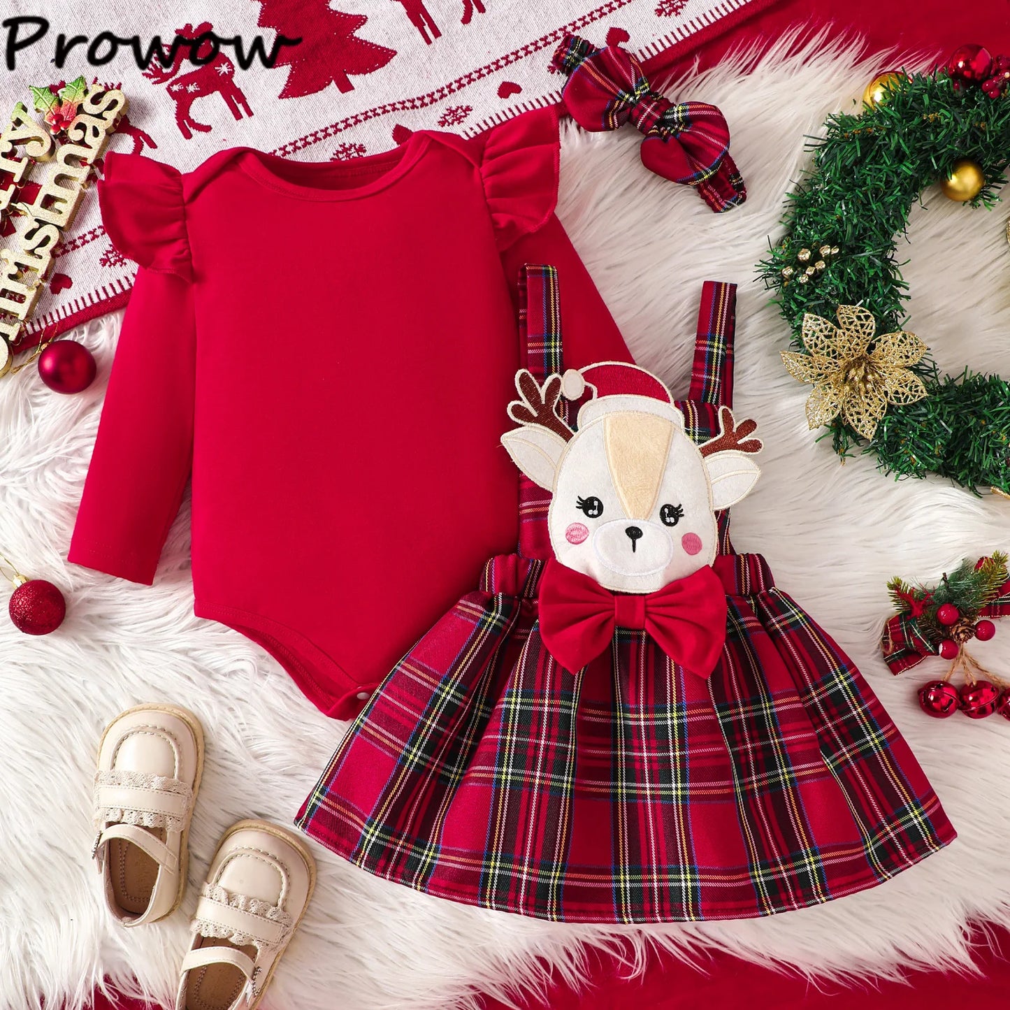 Prowow Baby Girls Christmas Outfits Set Red Bodysuit+Plaid Deer Suspender Dress Set 3pcs My First New Year Costume For Baby 2026