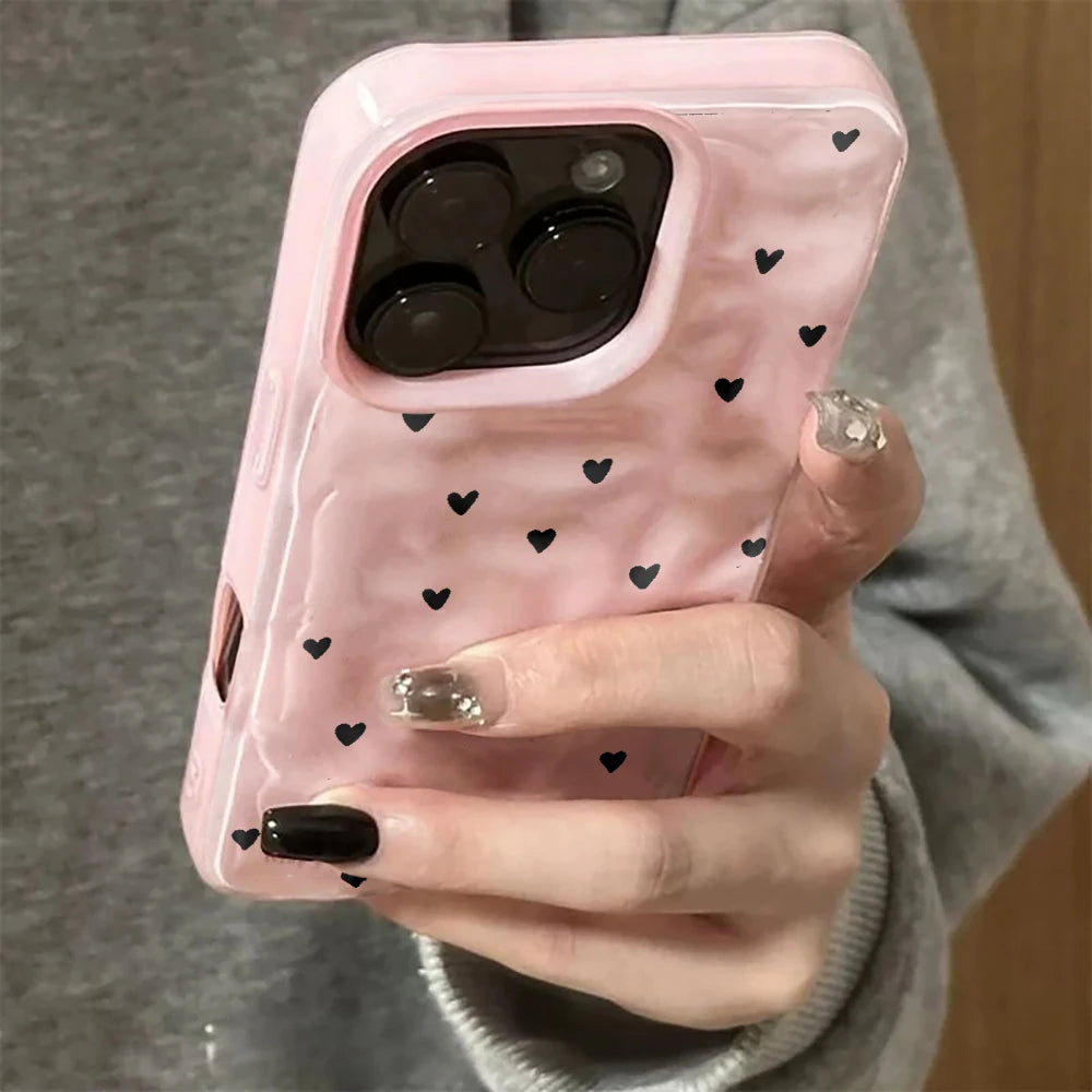 White Small Love Pattern Phone Case For iPhone 17 16 15 14 13 12 11 Pro Max 15 16 Plus Shockproof Soft Back Wave Texture Cover