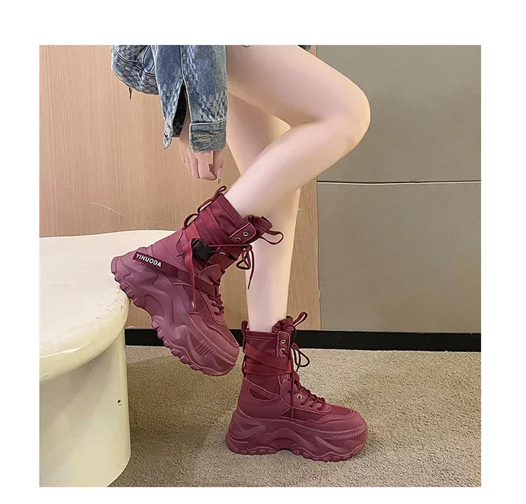 Hot Fashion Women Chunky Platform Motorcycle Boots White Lace Up Thick Bottom Shoes Woman Autumn Winter Ankle