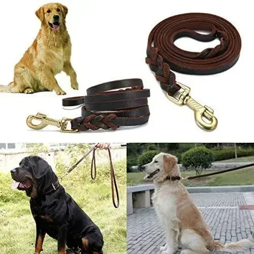 Handmade Genuine Leather Braided Dog Leash Heavy-Duty Training Lead with Metal Hook for Medium/Large Pets Dog Collar