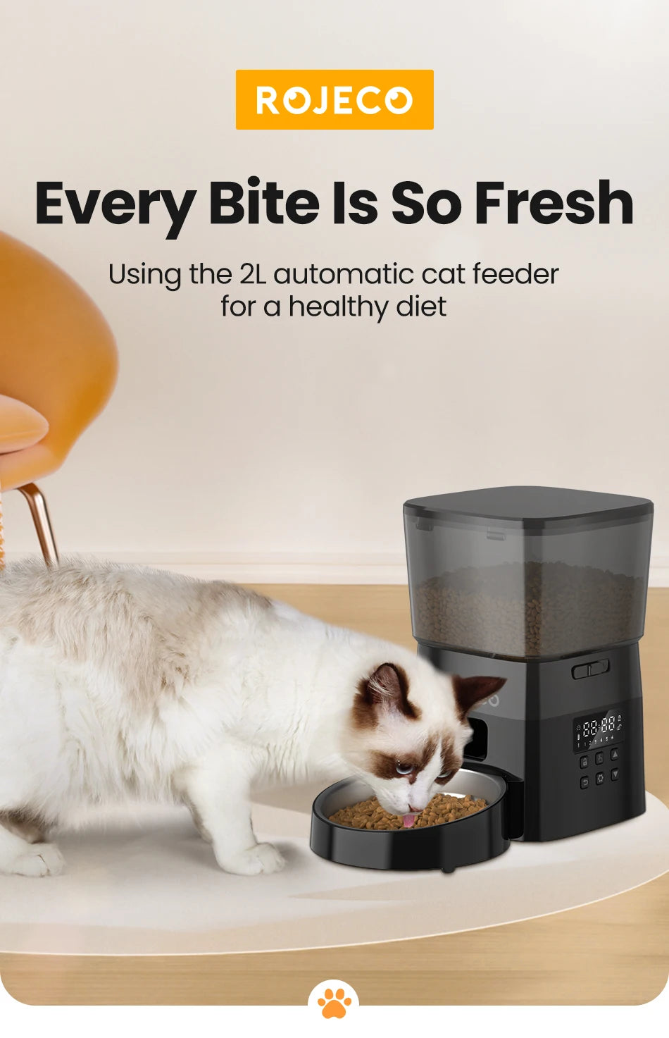 ROJECO Smart Dog Feeder Automatic Dog Food Kibble Dispenser Button Version for Pet Cats Auto Food Container Dog Feeding Supplies