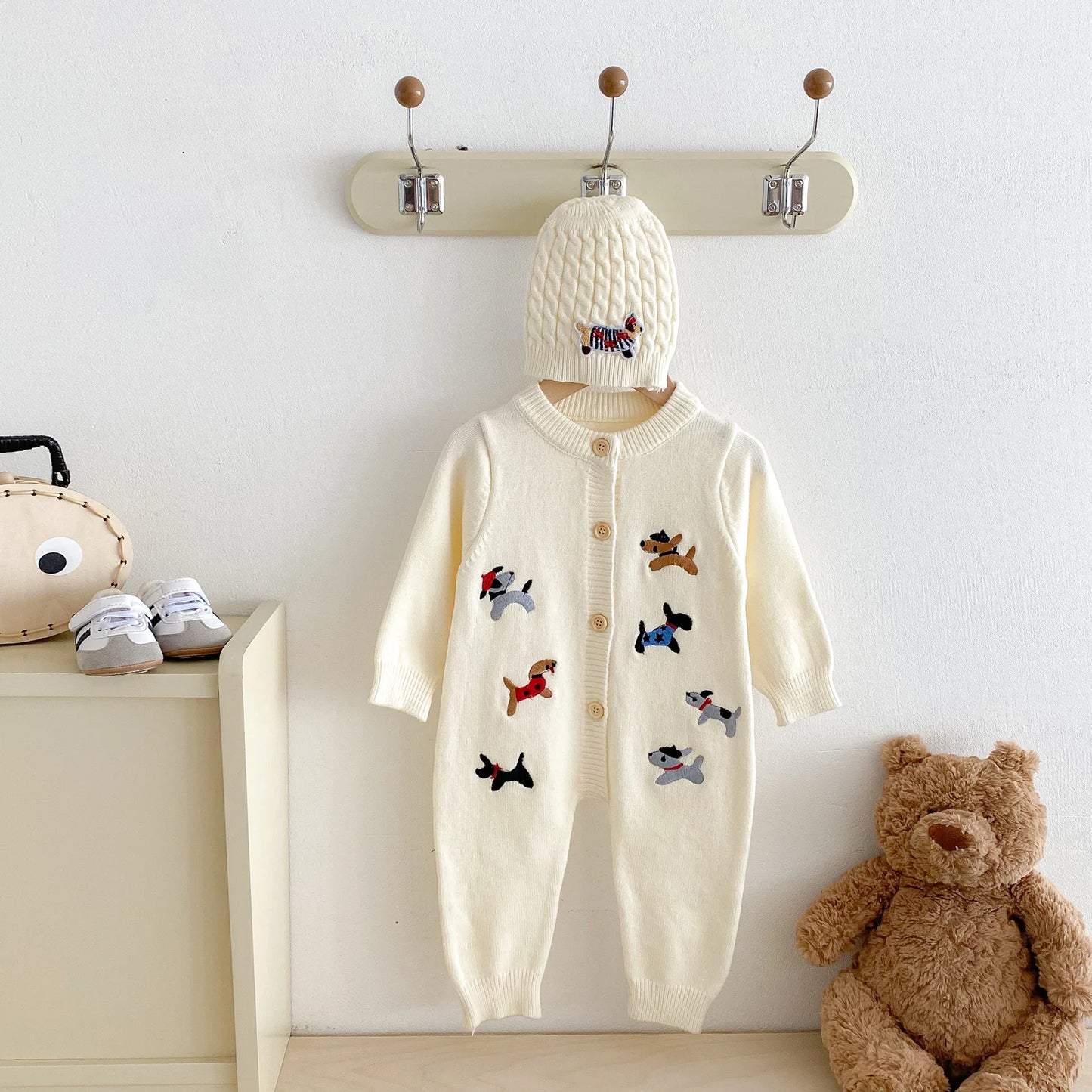 2Pcs Autumn and Winter Baby Clothes Cute Cartoon Dog Newborn Clothes Knitted Warm Boys and Girls Baby Jumpsuit+Hat Set