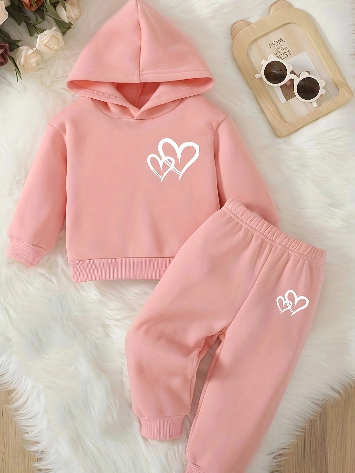 Girls' Toddler/Kid Autumn & Winter 2-Piece Set: Hooded Fleece Sweatshirt with Heart Pattern + Casual Athletic Pants