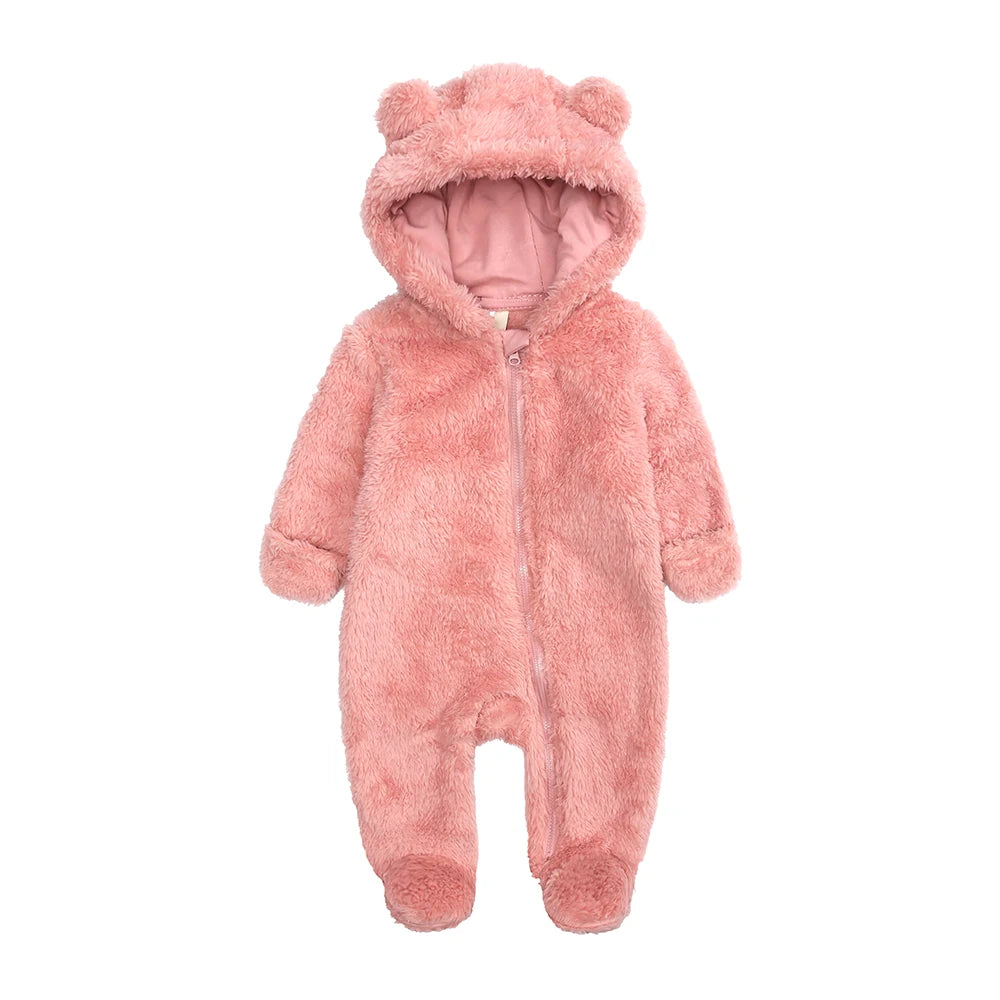 2026 Winter Baby Rompers Infant Fleece Bear Hooded Onesies Newborn Baby Boy Girl Zipper Jumpsuit Bodysuit Pyjamas