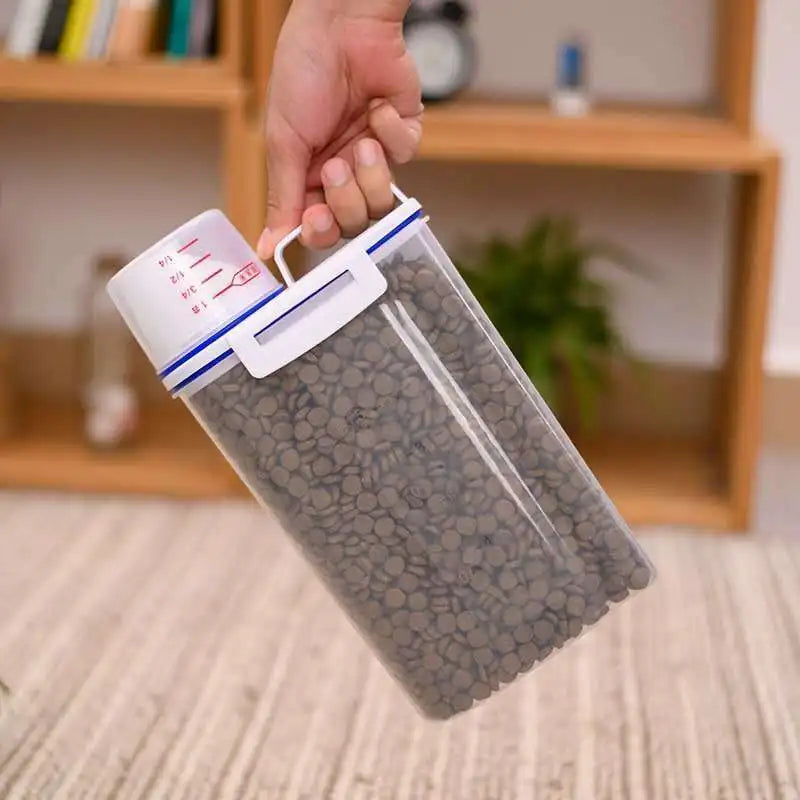 Dog Cat Food Pail Plastic Storage Tank with Measuring Cup Container Moisture-proof Sealed Jar Pet Supplies Accessories
