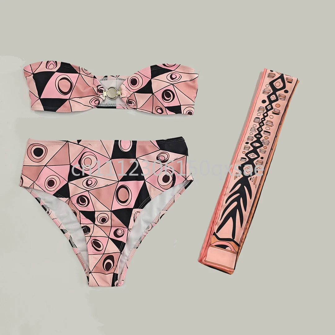 Women's Pink Headband Scarf Swimsuits with Letter Signature Logo Lady Headband Scarf Bikini Sets Beachwear Swimwear