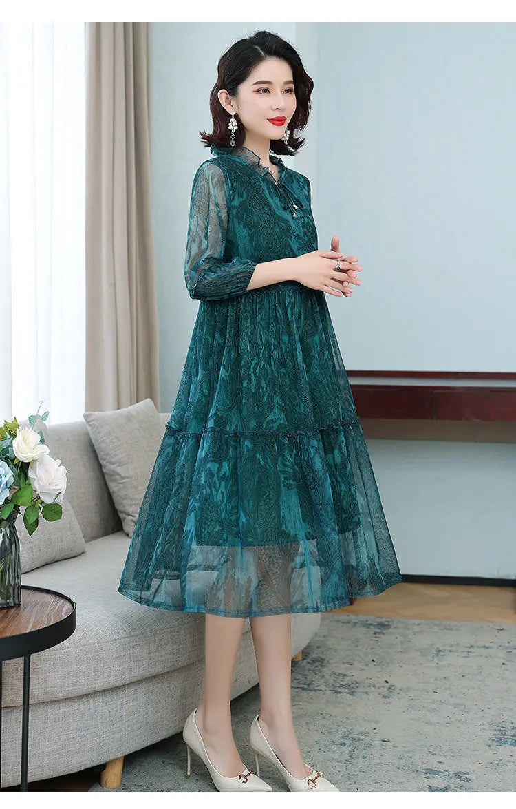 Summer New Casual Half Sleeve Midi Dress Vintage Printed Women's Clothing Ruffles Spliced Stylish Drawstring Loose Gauze Dresses