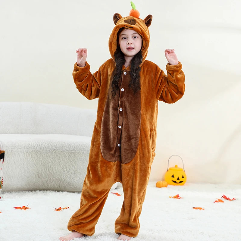 Kids Animal Capybara Kigurumi Costume Cosplay Cartoon Jumpsuit for Children Halloween Christmas Girls Boys Hooded Pajamas Onesie