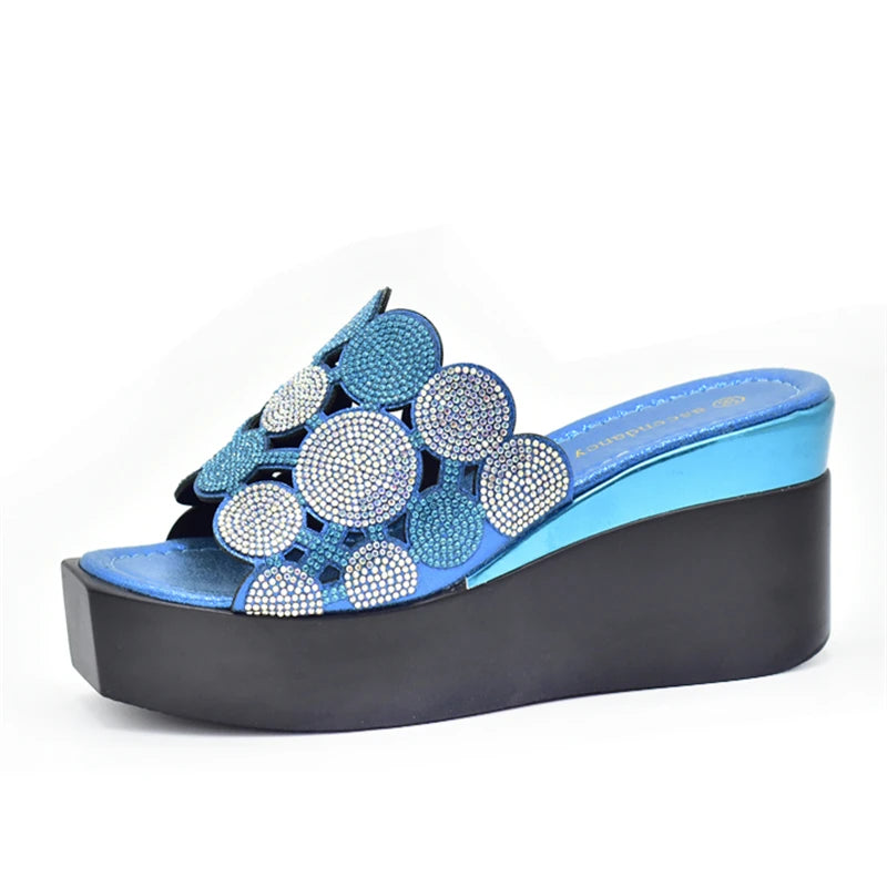 New Fashion Lady Shoes with Rhinestone Crystal Design Open Toe Sexy Nigerian Ladies Shoes Party Wedding Shoes Slippers Pumps