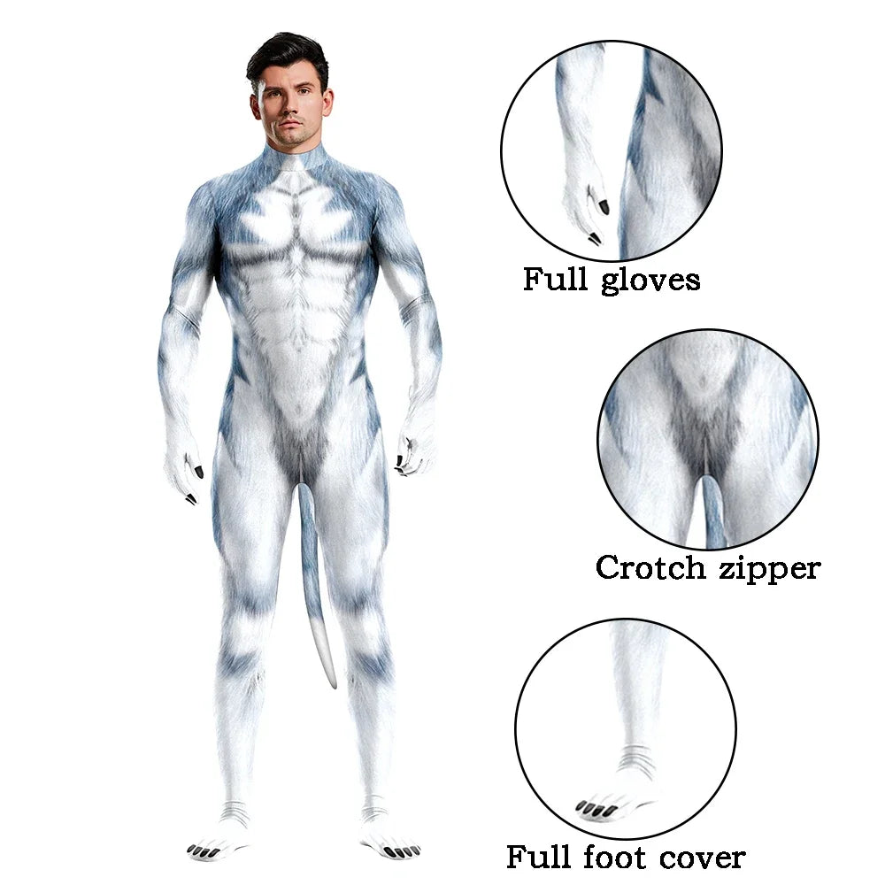 Halloween Cosplay Costume Male Adult Full Cover Elastic Zentai Pet Suit Jumpsuit Print Catsuit Bodysuits with Tail Purim Clothes