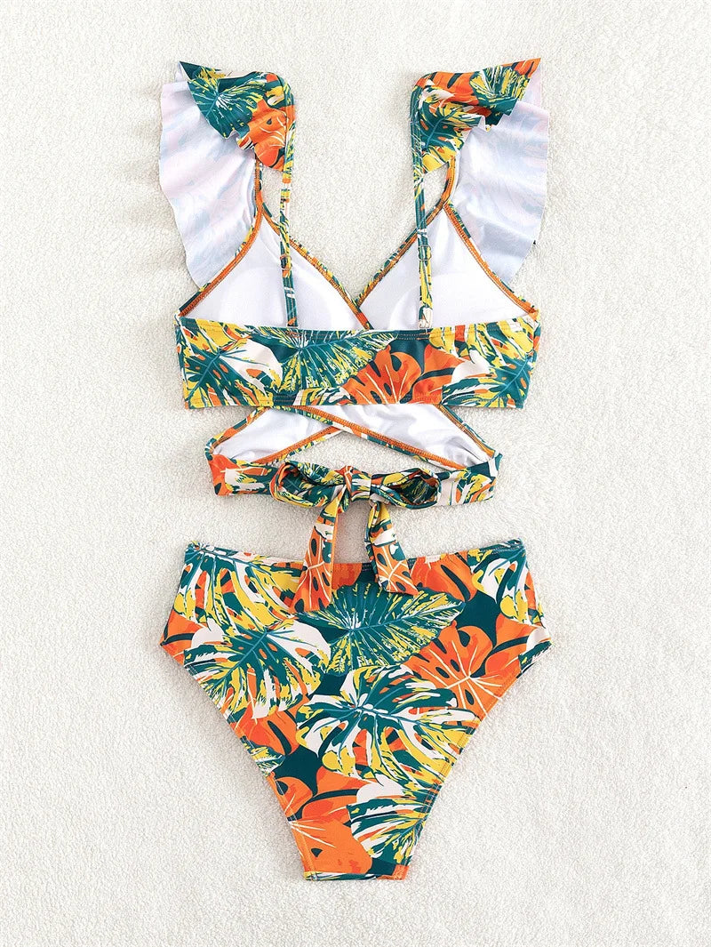 Cikini Summer Swimsuit For Women Tropical Print Ruffle Trim Summer Beach Bikini Set Summer Beach Swimwear Bathing Suit