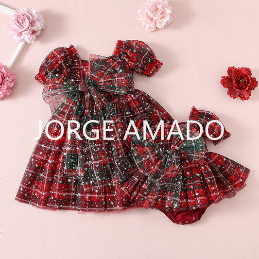 Christmas Summer Baby Girl Sister Matching Outfit Puff Sleeve Big Bow Festive Party Princess Bodysuit Halloween Dresses H2688