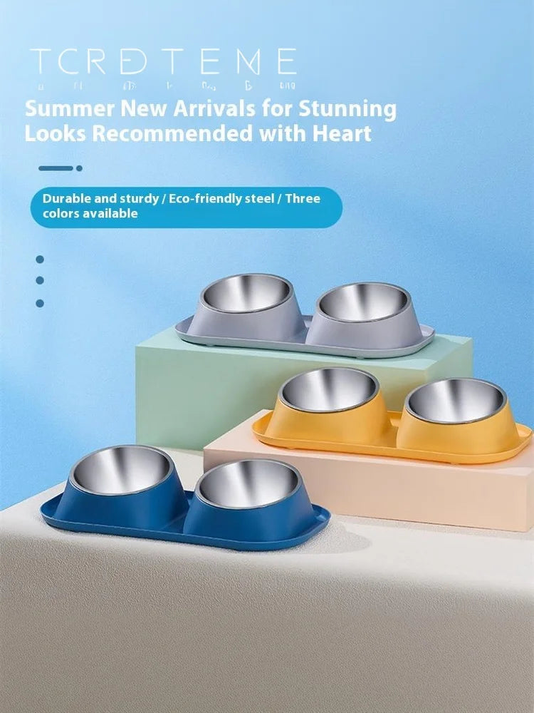 1pc Stainless Steel Double Cat Dog Bowl Cat Food Container Non-slip Base Pet Water Feeder Tilt Safeguard Neck Puppy Cats Bowls