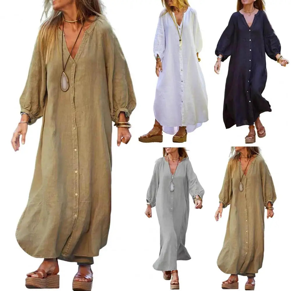 Spring Autumn Women Long Dress Loose Button-down 3/4 Sleeves Maxi Dress Pure Color V Neck Cardigan Casual Dress For Daily Wear