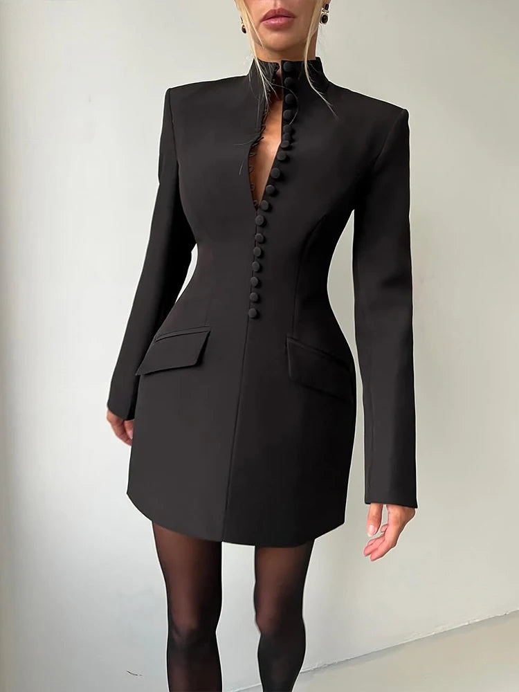 Cutenew Women Trend Elegant Office Dress Autumn Single Breasted Stand Collar Simple Solid Street Commute Skinny Suit Bodycon