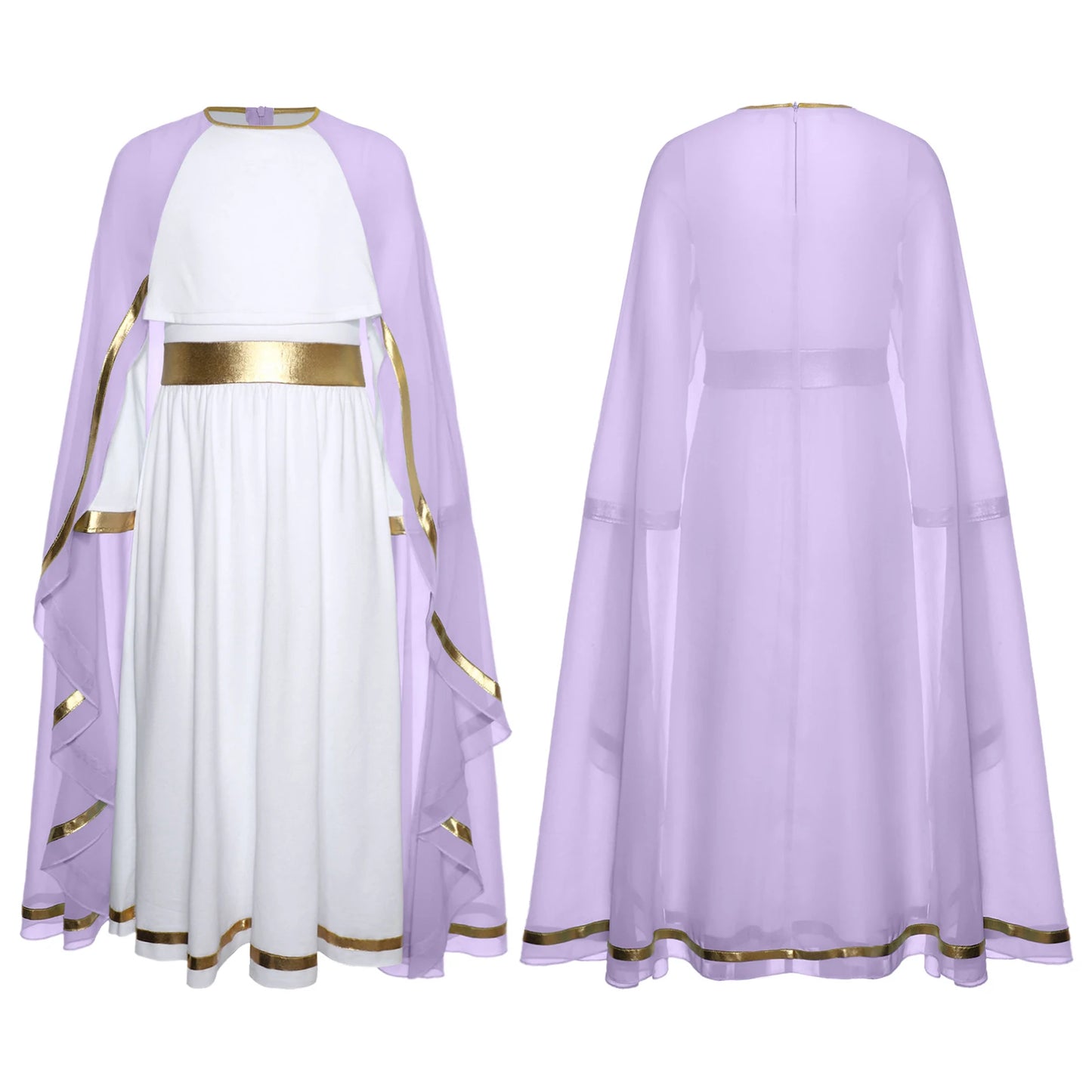 Halloween Virgin Mary Costume for Kids Girls Fancy Greek Princess Cosplay Long Sleeve Ruffle Dress with Chiffon Cape Theme Party