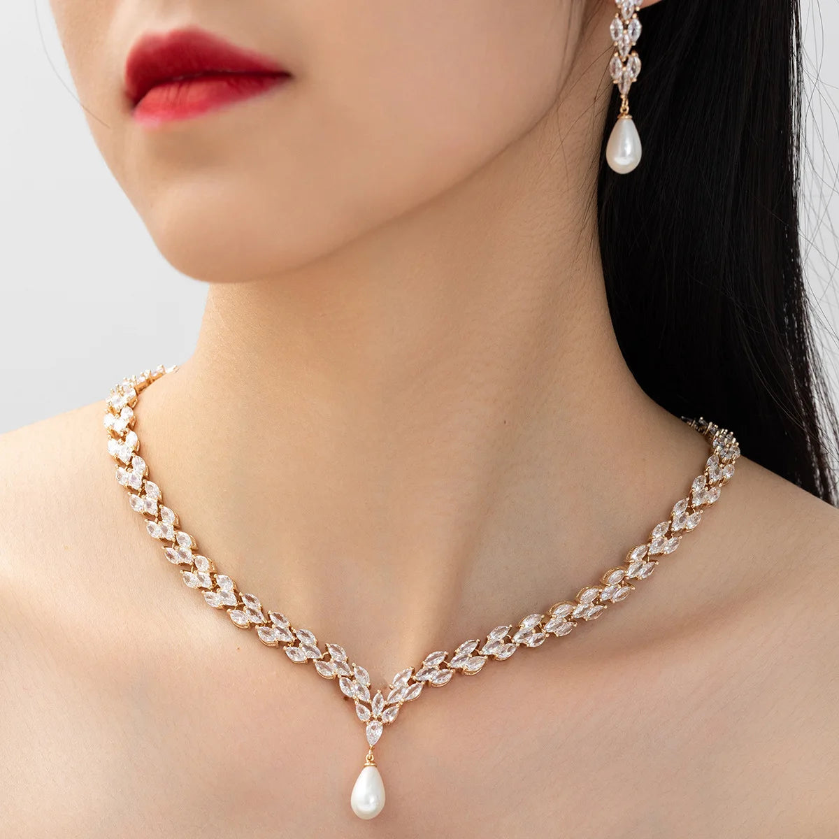 Luxury Zircon Jewelry Set For Women Pearl Pendant Necklace Earring Set For Wedding Bride Prom Party Necklace Accessories Gifts