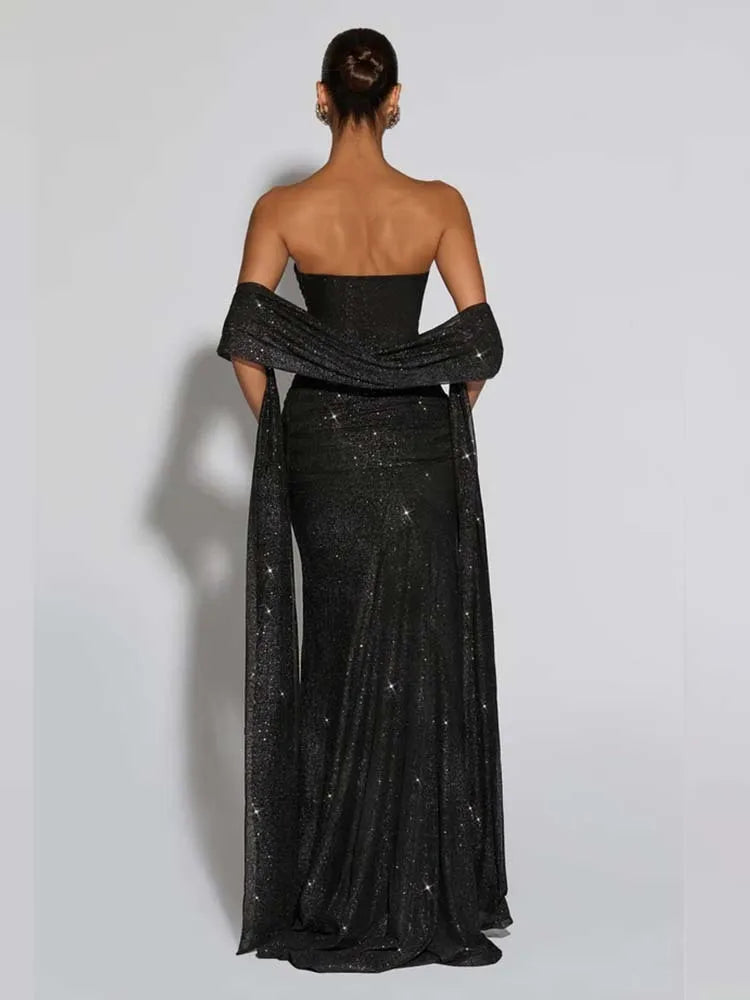 Townlike Slim Bodycon A-line Maxi Long Dress Women 2025 Summer Dress Ribbon Sparkle Glitter Nightclub Sexy Party Dresses