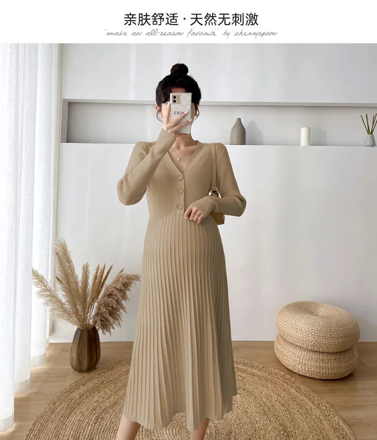 Autumn and Winter Maternity Clothing Long Sleeve V-Neck High Waist Button Fly Pregnancy Knitting Dresses Women Sweaters Knitwear