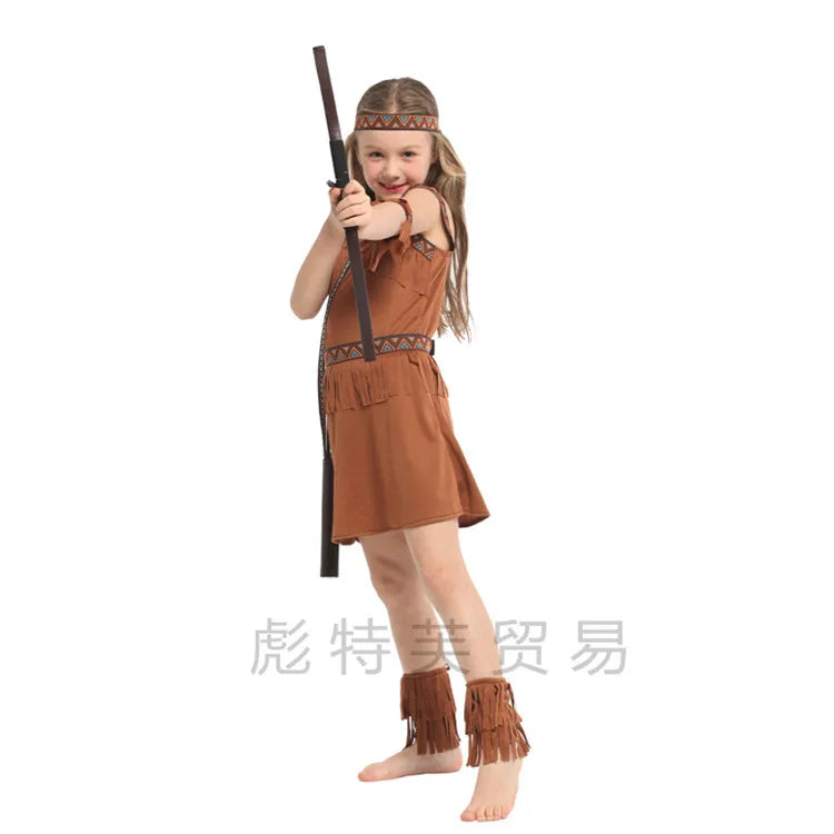 Halloween Kids Indian Cosplay Performance Costumes Primitive Activity Costumes Dress +Headdress+Waistband+Armband+Shoe covers