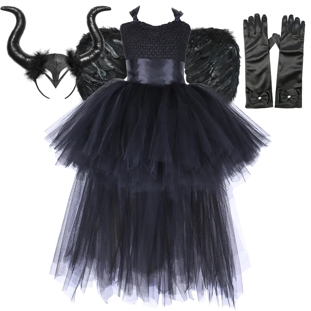 Dark Witch Halloween Costumes for Girls Black Devil Angel Fancy Trailing Dress with Feather Wings Bat Horns Kids High Low Outfit