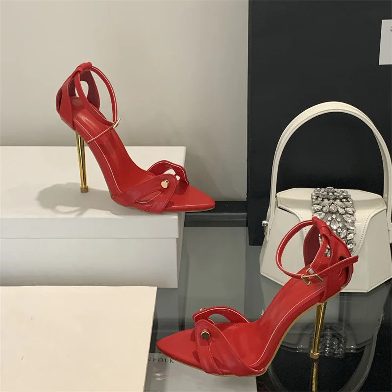 Liyke Leopard Print Ankle Strap Stilettos Sandals Women Party Dress Shoes Metal Narrow Band Pointed Toe Stripper Heels Size 41