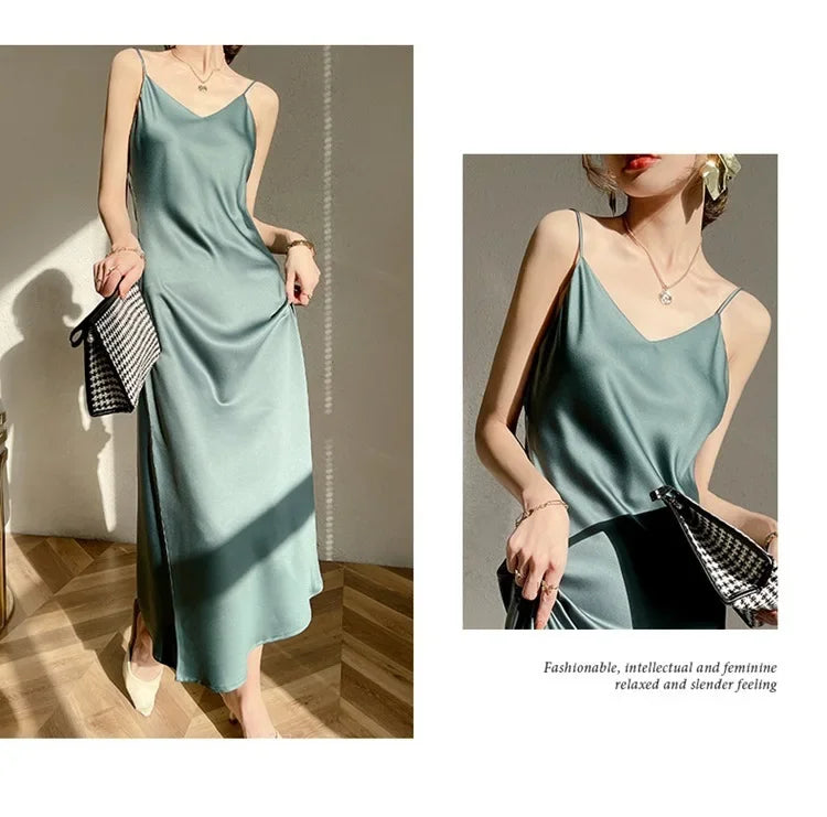 Silk V-neck Slim-fit Satin Dress Sexy Strap Long Gown for Women New 2025 Spring Summer Inner Wear Dress Elegant Lady Dress
