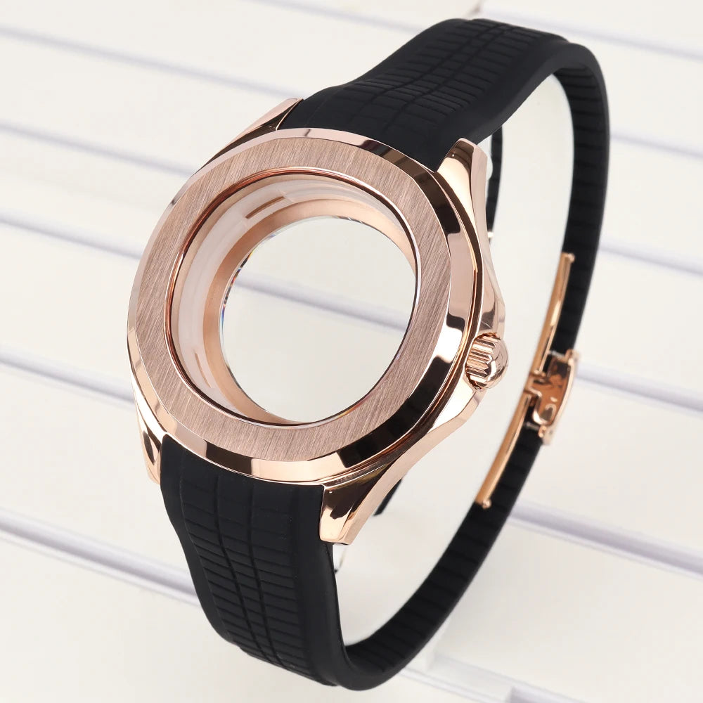 42mm Silver NH35 Watch Case Polished Brushed Black strap SapphireGlass For Nautilus AQUANAUT Cases Part NH35 NH36 NH38 32mm Dial
