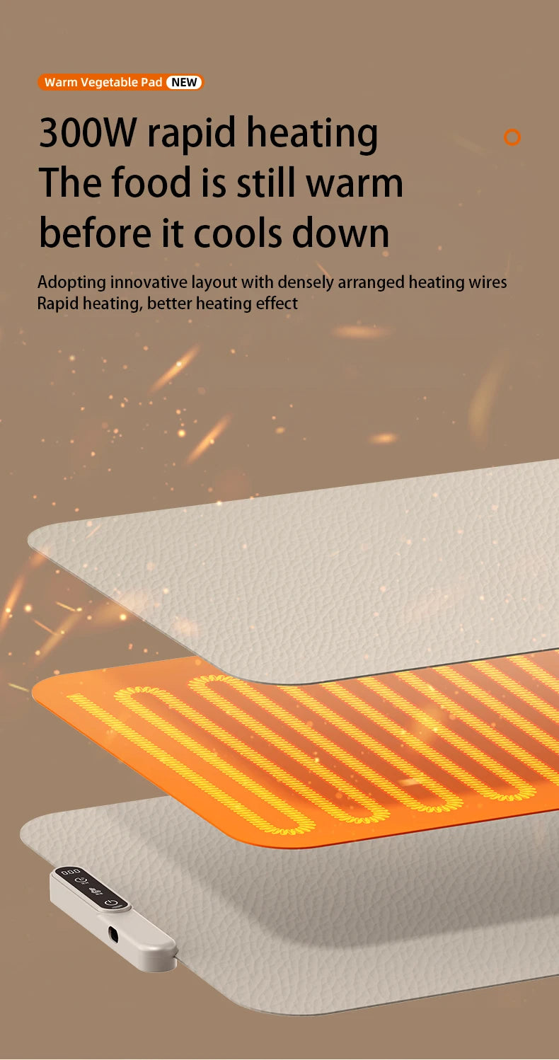 TINSOL Food Warmer Pad Foldable Silicone Heating Pad Portable Meal Cart Insulation Pad 8-Level Temperature Adjustment