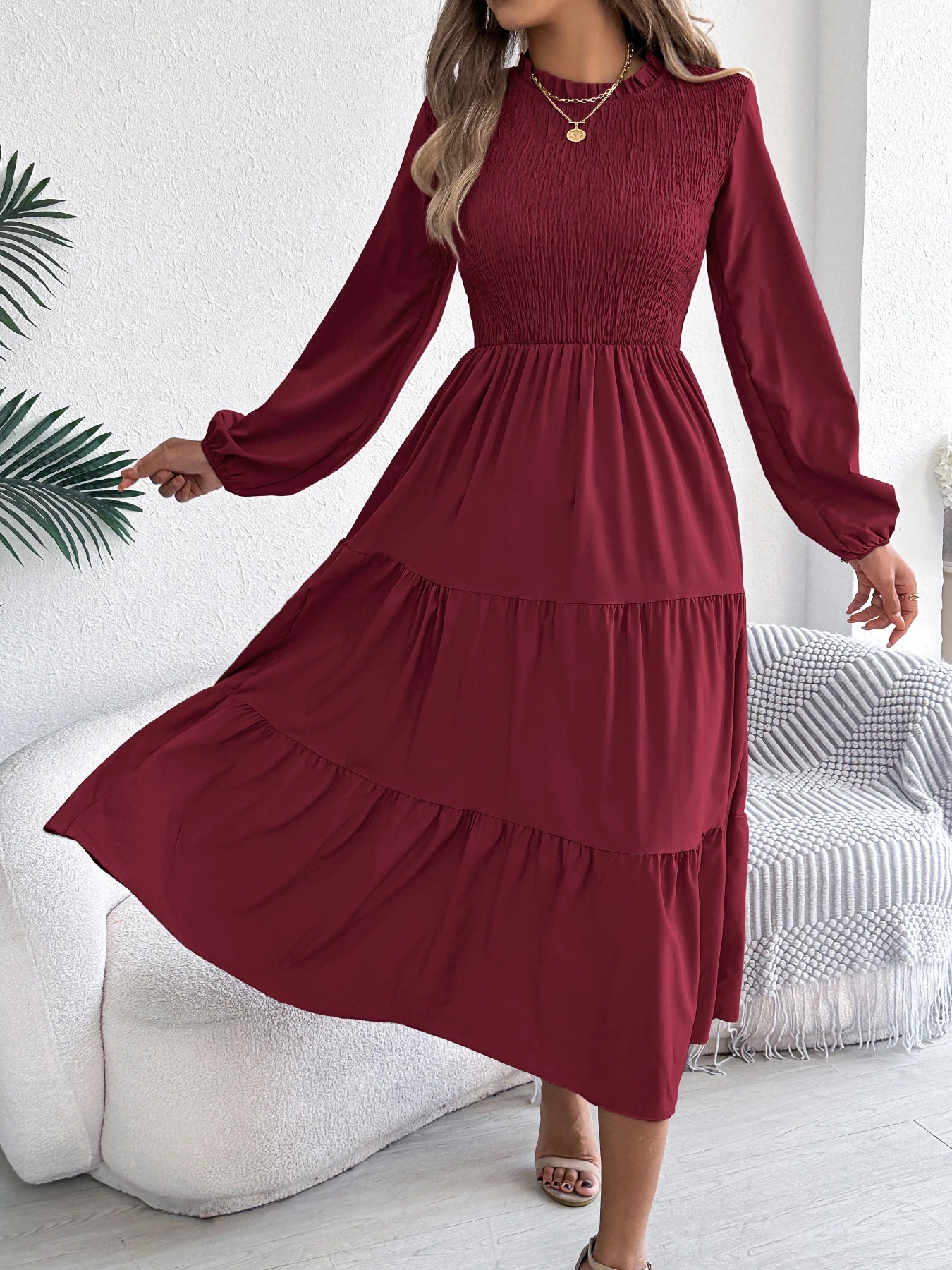 Women's Spring Vacation Solid Color Round Neck Long Sleeve Midi Dress with Ruffled Waist