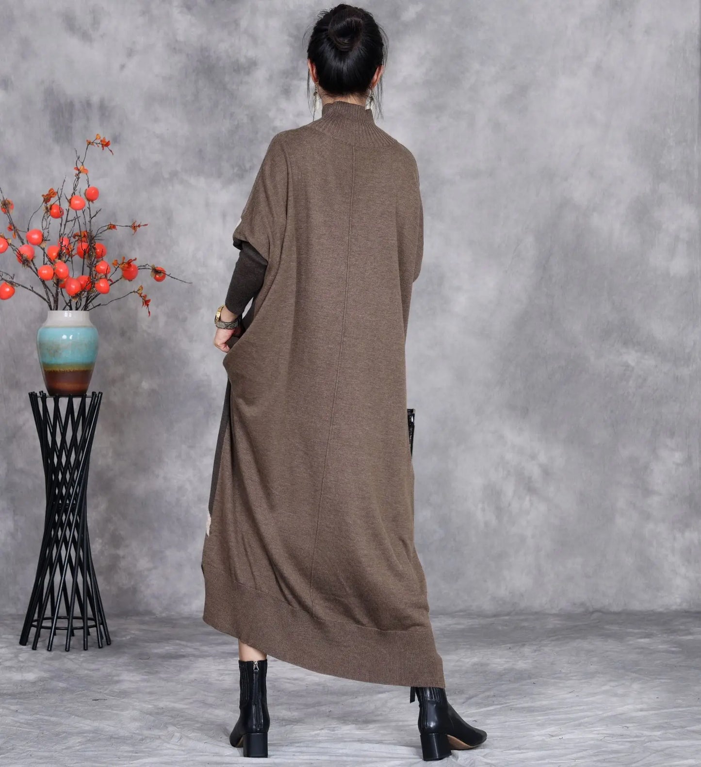 Johnature 2025 Woman Autumn New Fashion Mock Neck Loose Long Sleeves Dress Chinese Style Contrast Batwing Sleeve Casual Dress