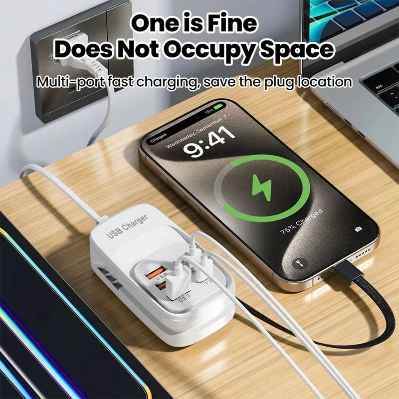 New USB Charger 6-in-1 Power Strip Desktop Charging Station With Fast Charging Cord EU US Plug USB/C HUB Adapter Socket 3PD 3USB