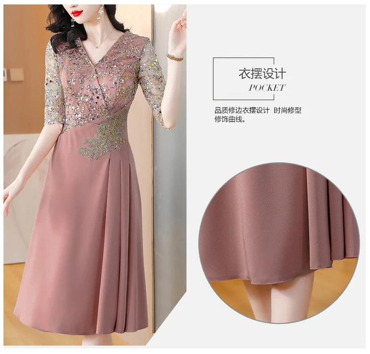 Summer New Sequins Luxury Chic Evening Wedding Dress 2024 Women's Elegant Bodycon Midi Dress Satin Vintage Casual Party Vestidos