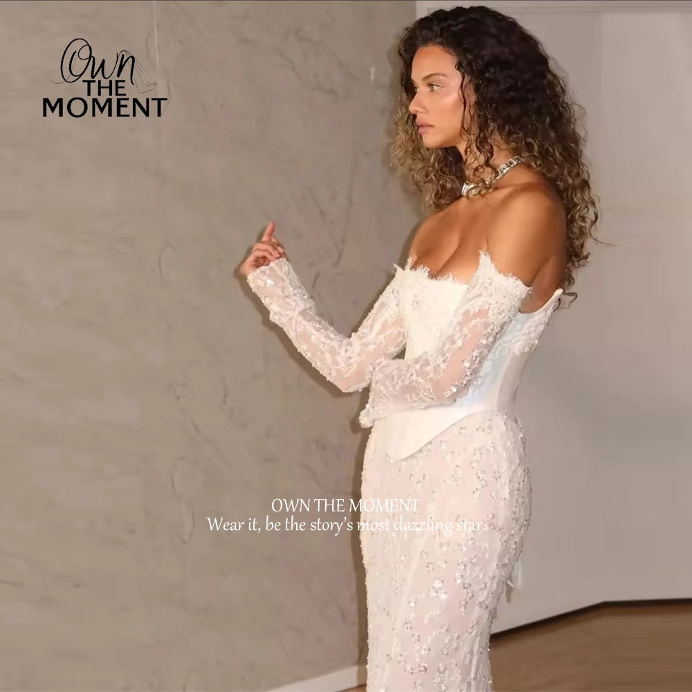 OTM White Strapless Wedding Dress Detachable Sleeves Back Zip Bridal Gown 2025 Mermaid Floor-Length Wedding Gown Customized