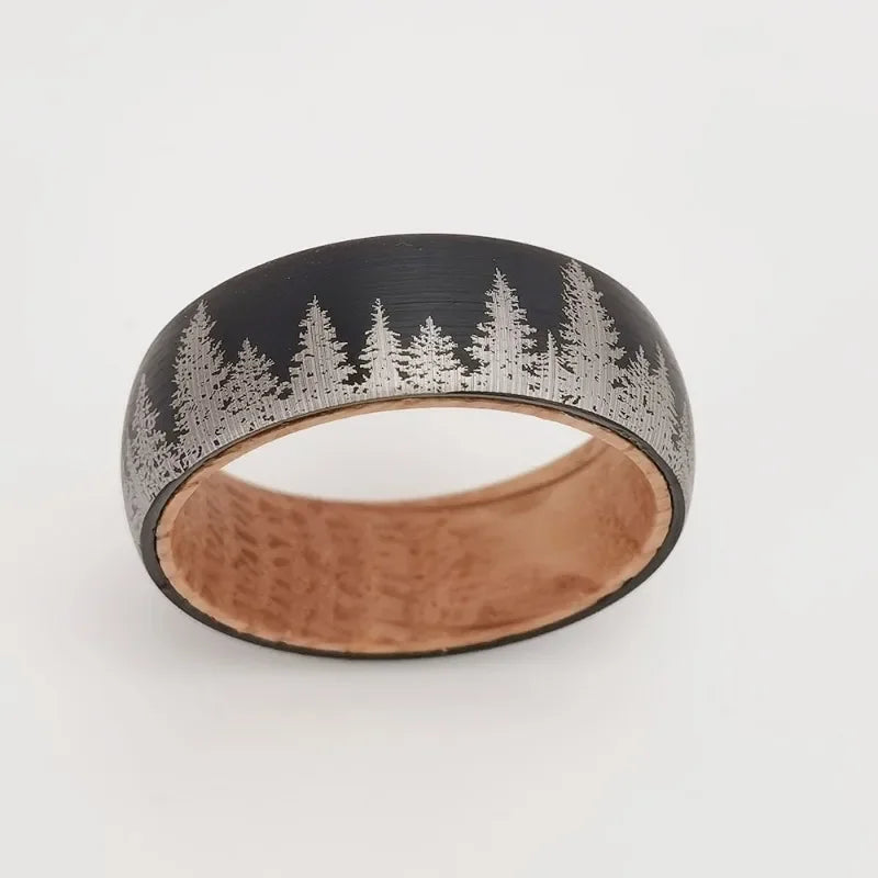Somen 8mm Tungsten Carbide Wine Barrel Wood Ring For Men Brushed Laser Forest Pattern Engagement Wedding Bands Fashion Jewelry