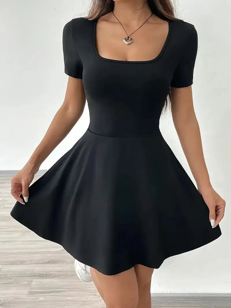 Summer 2025 Brown Knitted Short Casual Dress Mini Skirt Length Polyester Fiber Square Collar Empire Waistline Regular Sleeve