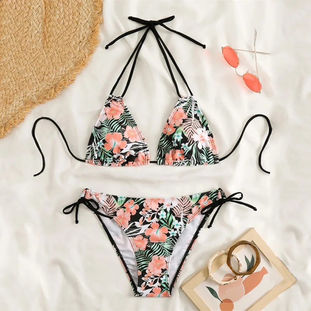 Cute Floral Bikini Extrem String Swimsuit Halter Backless Push Up Vacation Swimwear Women Y2K Beach Tropical Brazil Bathing Suit