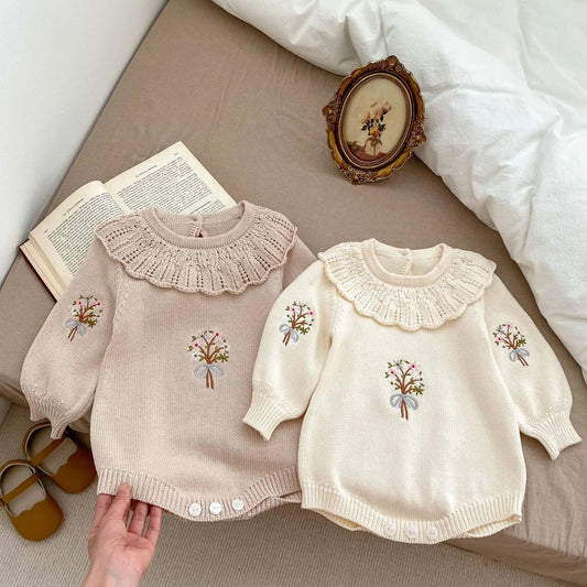 Autumn Baby Clothing New Baby Knitted Rompers Lotus Leaf Collar Long-sleeved Romper Cute Baby Girl Embroidered Sweaters Jumpsuit