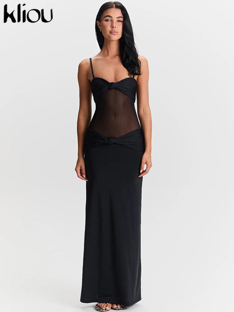 kliou Mesh Suspendency Women Maxi Dress Sexy See Through Tied Patchwork Low Neck Backless Bodycon Female Fashion Party Vestidos