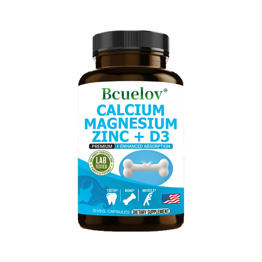 Calcium + Magnesium + Zinc + Vitamin D3 Capsules - Supports Bone and Nervous System Health and Improves Mood