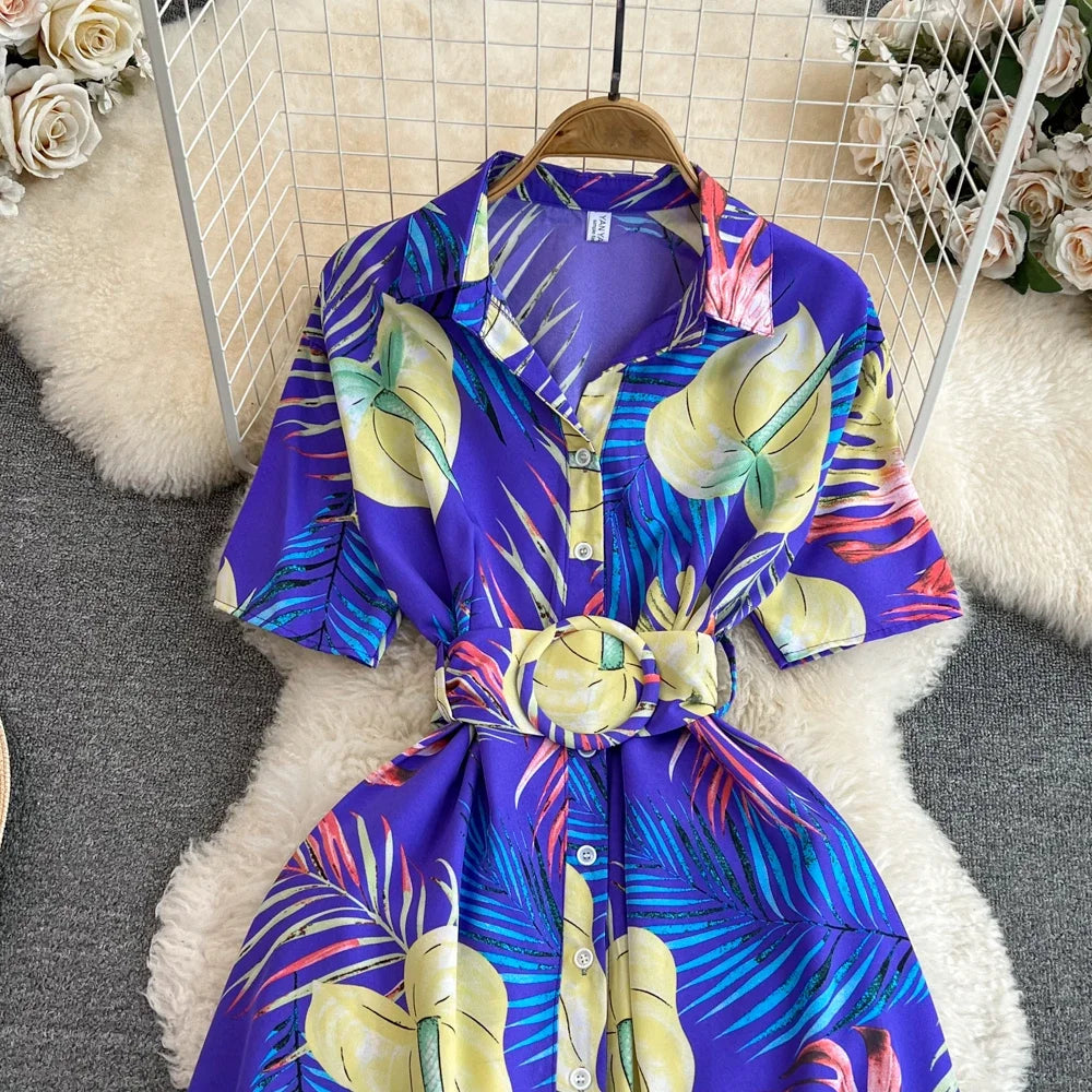 2024 New Summer Women Dress Fashion Print Floral A-line Shirt Dress with Belt Elegant Vintage Off Lady Dress Casual Vestidos