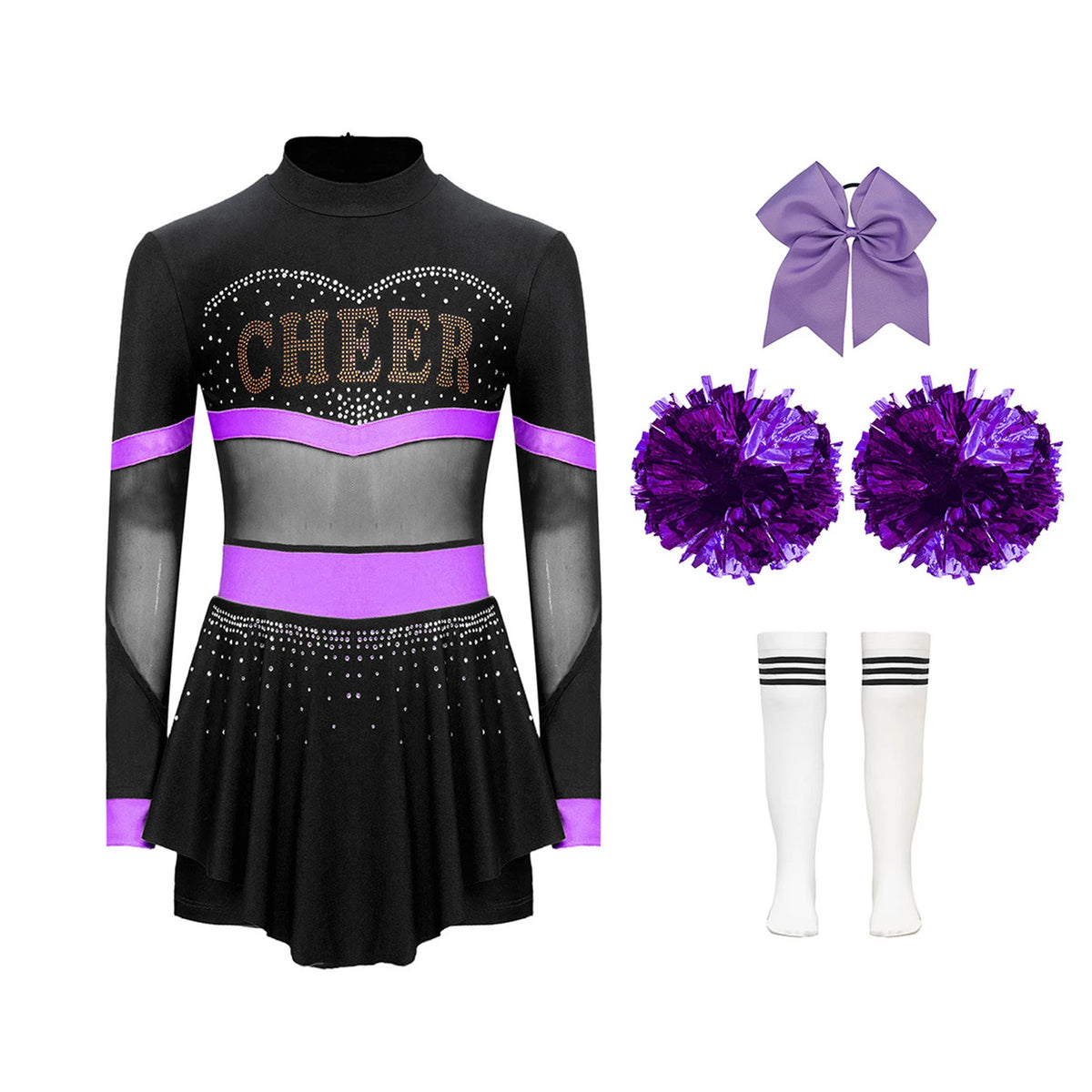 Girls Cheerleader Costume Long Sleeve Cheerleading Uniform Children Cheer Dance Dress Hand Flower Socks Stage Dancewear Sets