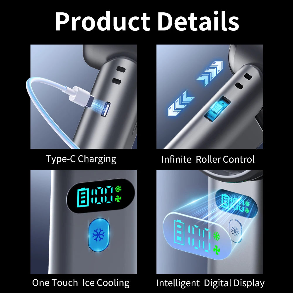 Ice Compress High-Speed Cooling Fan Handheld Fans USB Rechargeable Portable Mini Fan LED Digital Display, Travel, Camping